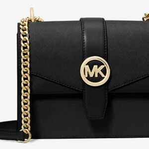 MICHAEL KORS GREENWICH small shoulder FLAP CROSSBODY BAG MK Black and Gold MULTI